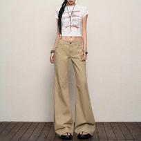 Women's Low Rise Flare Jeans Loose Fit Vintage Washed Non Stretch Khaki Wide Leg Denim Trousers S