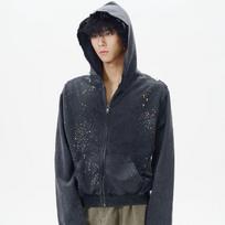 Unisex Hooded Long Sleeve Zip Up Jacket Oversized Streetwear Vintage Washed Star Rhinestone Sweatshirt Coat S