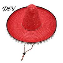 Decorative Straw Hat Mexican Sombrero with Colorful Poms, Hawaiian Style Woven Sun Hat, Wide Brim Lightweight All Season Party Costume for Summer