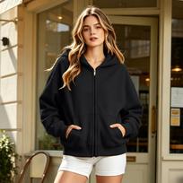 Women's Short Loose Fit Hooded Zip-Up Cardigan Jacket for Casual Daily Wear L