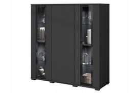 Modern, high display cabinet for the living room 120 cm with glazing, black matte and LED