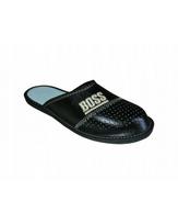 Men's covered slippers with the inscription  Boss , black men's leather slippers 46