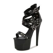 „Stiletto Roman Sandals“ su dygliuotu užtrauktuku papuošti moteriški batai 16,5 cm aukštakulniai vakarėliui 34 juoda
