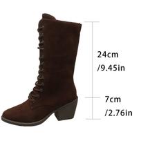 2025 Autumn L New Pointed Head Suede Mid-calf Boots for Women Black Coffee Chunky High Heels Women's Shoes Front Lace Up Boats 36