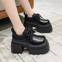 Fashion New 2025 Spring Women Platform Casual Shoes Loafers Lace-up Chunky Sneakers 10CM High Heels British Thick Bottoms Leather Shoes 34