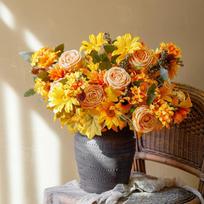 Artificial Mum Bush Sunflowers Faux Fall Chrysanthemums Flower Bouquets Silk Floral Arrangements With Pinecone Stems One Size