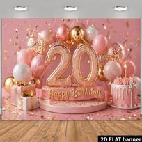 2D Glitter 20th Birthday Backdrop, Pink Balloon Garland & Party Background 47.2x31.5inch/120*80cm