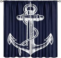 Nautical Blackout Curta Blue Vintage Old Planks Anchor Lighthouse Coastal Rustic Bedroom Living Room Bathroom Kitchen Rod 53x116CM-2PC white