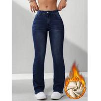 Women's Mid Rise Flare Jeans Slim Fit Fleece Lined Denim Pants Vintage Streetwear Medium Stretch Warm Bootcut Trousers Winter Fashion Bottoms XS
