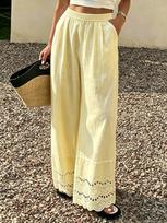 Women's Mid Rise Wide Leg Pants Loose Vintage Linen Trousers Elastic Waist Lace Hem Casual Palazzo Pants S