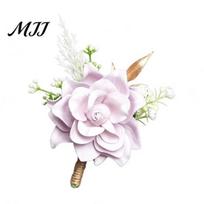 Wedding Rose Boutonniere Men Simulated Corsage Lightweight Compact Size Brooch Forest Style Faux Flower Suit Decoration with Green Leaves Vine