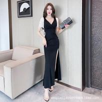Nightclub sexy dress women's low-cut v-neck ktv beauty evening dress temperament long dress technician night work clothes S