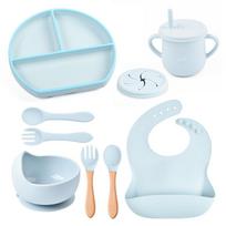 9 Pcs Baby Silicone Bib Divided Dinner Plate Sucker Bowl Spoon Fork Straw Cup Set Training Feeding Food Utensil Dishes 9PC