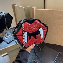 Funny Tooth Lip Shoulder Bag Gothic Crossbody Bag with Chain Halloween PU Leather Sequined Purse and Handbag for Women 23x6x16cm