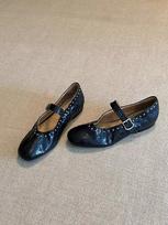 Sheepskin version~ retro leather round head shallow mouth Mary Jane shoes women's versatile flat bottom rivets one word with commuter shoes 35