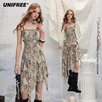 UNIFREE Vintage Rose Tie Beaded Strap Dress M kava