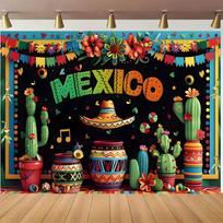 2D Mexican Fiesta Backdrop, Colorful Cactus & Sombrero Party Banner 47.2x31.5inch/120*80cm blue