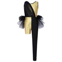 Girls Sparkly Sequins Jazz Dance Jumpsuit Color Block Asymmetrical Leotard Feather Tulle Skirted Bodysuit 5-6 Years geltona