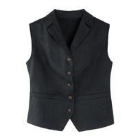 Women's Slim Fit Two Piece Skirt Suit Sleeveless Lapel Vest Linen Midi Pleated Matching Co Ord Set S