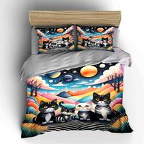 Whimsical Cat Trio in Fantasy Landscape  Exquisite three-piece bedding set gift for kids and adults 135x200cm
