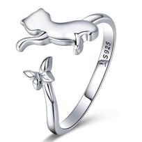 Silver adjustable ring with a cat and a butterfly, 925 silver