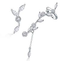 Silver asymmetric LEAVES stud earrings, ear cuff, silver 925
