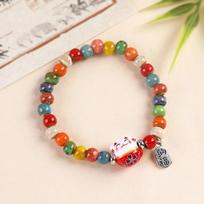 Cute Handmade Lucky Cat Bracelet Adjustable Beaded Ceramic Pendant Jewelry for Girls Dating Wear Surprise Gift for BFF A9