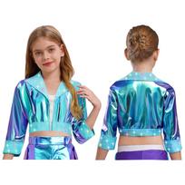 Girls Jazz Dance Jacket Long Sleeve Shiny Rhinestones Metallic Outerwear with Lapel Collar 5-6 Years mėlyna