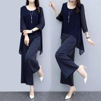 Belly Covering Suit Western Style Two-piece Wide Leg Pants Women's Large Size Fat Loose Slimming Chiffon Top Summer M