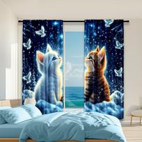 Set Of 2 Adorable Cat Star Print Polyester Window Curtains Design Easy Hanging Home Decor Perfect Bedroom Curtain For Sleeping Area Made With Rod W100*H70(CM)-Rod Pocket&2PCS