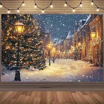 2D Kalėdinės Nakties Gatvės Scenos Fonas su Žibintais ir Sniego Dalelėmis Šventinei Dekoracijai 90.6x70.8inch/230*180cm