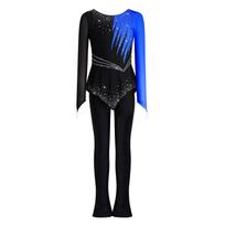 Girls Mesh Long Sleeve Jumpsuit Finger Holes Color Block Rhinestones Asymmetrical Peplum Figure Skating Costume 5-6 Years