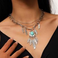 2pcs/set Bohemia Feather Pendant Necklaces for Women Girls Ethnic Turquoise Choker Necklace Jewelry Gifts