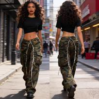 Women's High Rise Camo Cargo Pants Fringe Raw Edge Straight Leg Jeans Streetwear Camouflage Trousers S