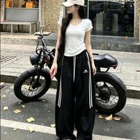 Women's High Waist Wide Leg Track Pants Loose Fit Streetwear Style Striped Embroidered Quick Dry Trousers Spring Street Casual Outfit S