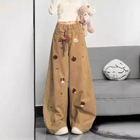 Women's High Waist Wide Leg Jeans Baggy Denim Pants Khaki Embroidered Casual S
