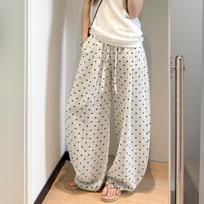 Women's High Waist Polka Dot Linen Blend Baggy Pants Loose Straight Leg Drawstring Lazy Style Breathable Summer Commuter Casual Bottoms S