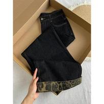 Women's High Waist Wide Leg Jeans Loose Urban Straight Leg Trousers Spring Leopard Print Hem Washed American Style Denim Pants S