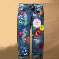 Women's Mid Rise Straight Leg Jeans Floral Printed Distressed Denim Pants Urban Chic Non Stretch Casual Long Trousers S