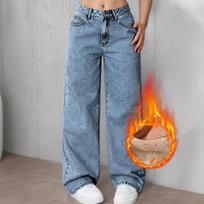 Women's Mid Rise Fleece Lined Wide Leg Jeans Vintage Washed Non Stretch Loose Flare Denim Trousers Streetwear Winter Long Pants XS