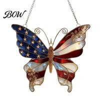 Patriotic Window Hanging Independence Day Butterfly Suncatcher Ornament Faux Stained Glass Acrylic 4th of July Decor Pendant for Wall S A