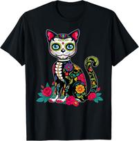 Sugar Skull Cat Dia De Muertos Day of Dead Halloween Mexican T-Shirt XXXL