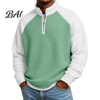 Men Quarter Zip Sweatshirt Waffle Sweatshirt, Long Sleeve Contrasting Color Stand Collar Athletic Shirt Casual Pullover for Sports Street Daily M