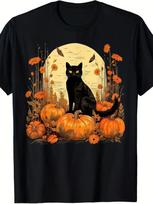 Halloween Black Cat & Pumpkins Graphic T-Shirt - Autumn Floral Design, All-Seaso S