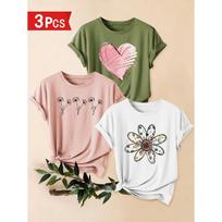 Three-piece set of heart, dandelion, and wild chrysanthemum print fashion retro style women's casual sporty tops with round neck and short sleeves T S