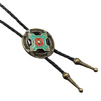 Classical Men's Rodeos Bolo Tie with Adjustable Leather Cord and Enamel Metal Badge Pendant Western Necktie Necklace