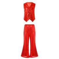 Unisex Kids Jazz Dance Outfit Shiny Sequins Vest V Neckline Button Waistcoat Flared Pants 5-6 Years raudona
