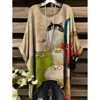 Retro Women's T Shirt Anime Cat Graphic Girl Clothes Summer O-Neck Short Sleeve Tees Female Harajuku Streetwear Oversized Blouse 2XL