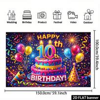 2D Kids 10th Birthday Photo Booth Backdrop with Colorful Cake & Party Hat 47.2x31.5inch/120*80cm