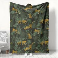 Jungle Leopard  Tropical Leaf Fleece Blanket in Dark Green  Safari Animal Throw for Boho Home Decor and Wildlife Aesthetic 100cmx150cm